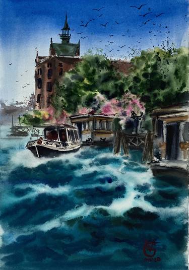 PROCCIMA FERMATA - GUIDECCA! - original watercolor painting italy venice travel sea water green blue pink ship boat guidecca thumb