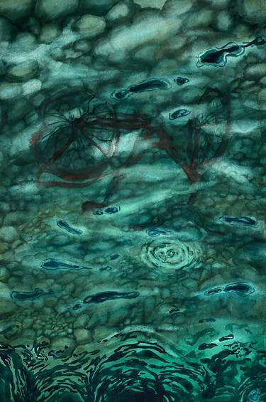 DEEP RIDE - original watercolor painting underwater bicycle green water sea stones thumb