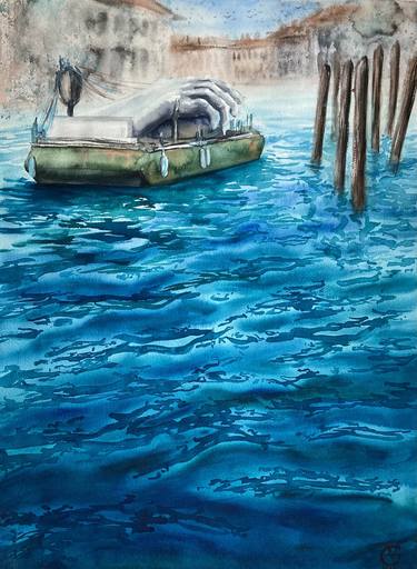 HOLD MY HAND -  original watercolor painting sea water blue wave hand venice support gift thumb