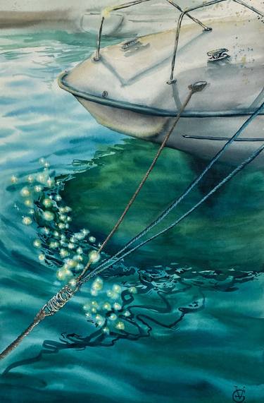 SUNLIGHT - original watercolor painting yacht yachtsman sea water wave boat gift for him thumb