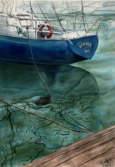 PAPAYA YACHT - original watercolor painting yacht boat yachtsman green blue gift for him christmas gift thumb