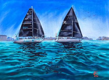BLACK SAILS - original watercolor painting yachts boats blue black sea water ocean wind sailing thumb
