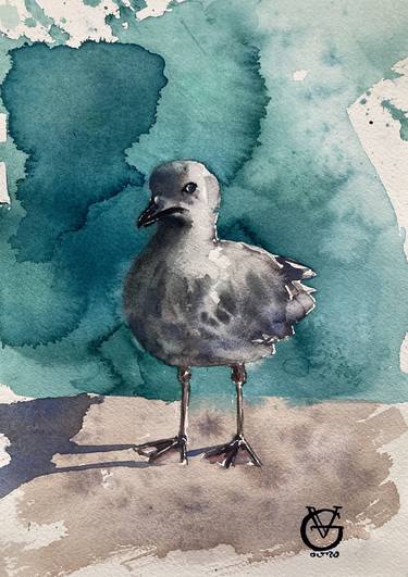 SEAGULL - original watercolor painting sea water ocean seascape bird gift for him gift for yachtsman thumb
