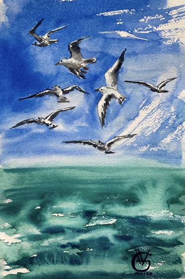 the surf watercolor Sea wave watercolor original painting seascape with seagulls ocean watercolor. watercolor painting
