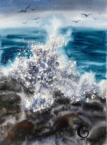 FOAM 3 - original watercolor painting sea water wave storm indigo blue seascape gift for him gift for yachtsman thumb