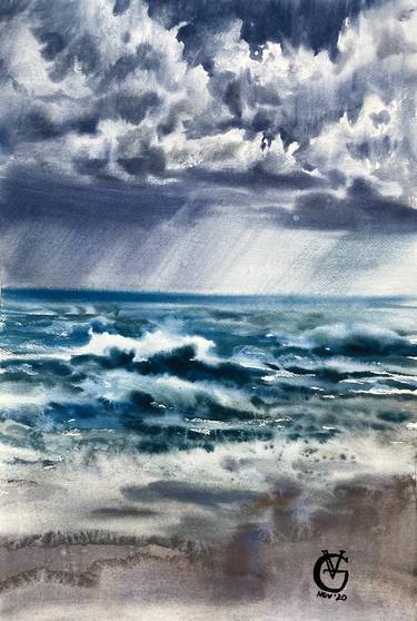 THE STORM WILL PASS US BY - original watercolor painting sea seascape water wave beach foam clouds rain gift for yachtsman thumb