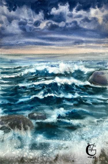 AFTER THE STORM - original watercolor painting sea seascape water wave ocean green violet blue gift thumb
