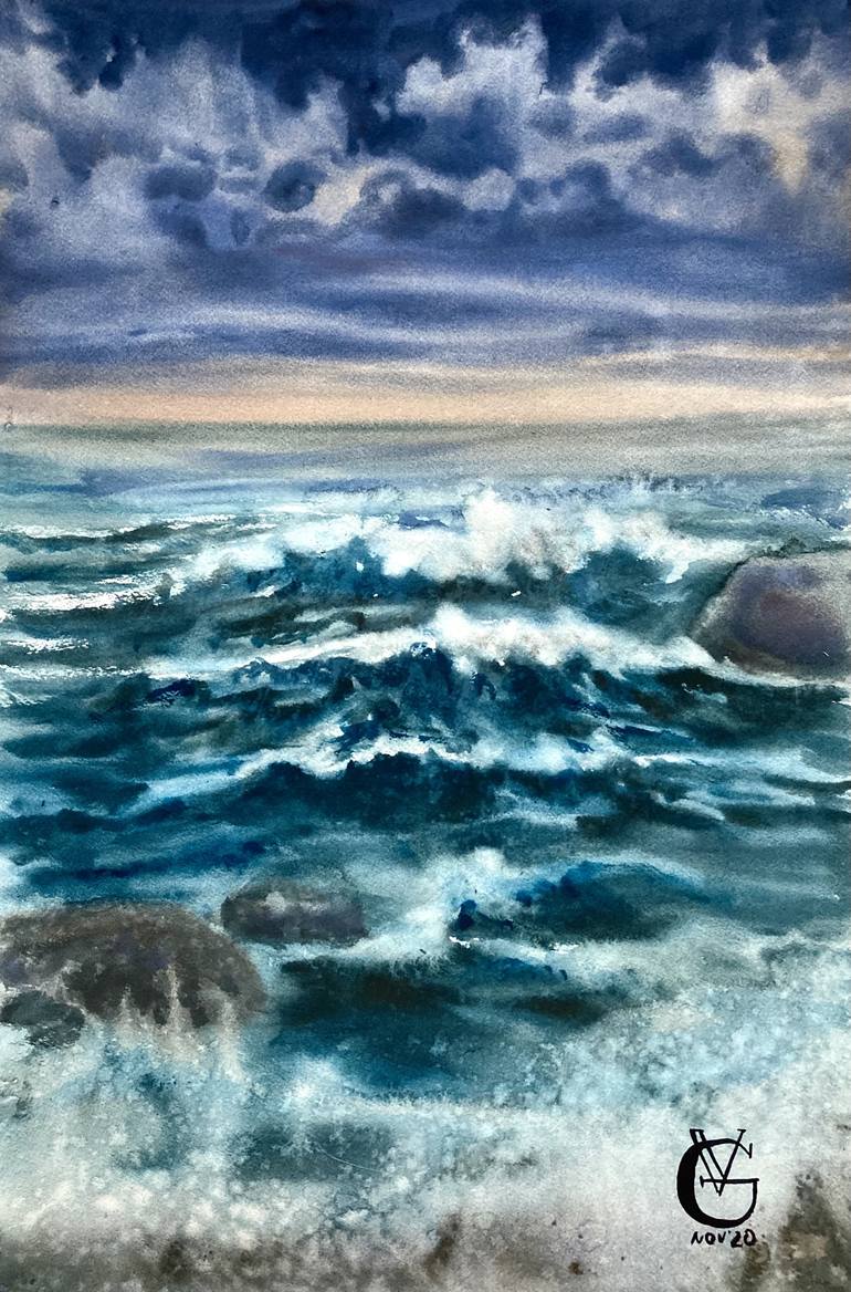 PACIFIC SEASCAPE Ocean Waves Watercolor 8 x 10 Art Print by Artist DJR