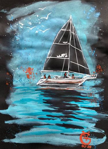 BLACK SAILS ON BLACK - original watercolor painting yacht boat sail sailing wave reflection wind breeze gift for him thumb