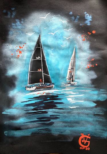 BLACK AND WHITE SAILS ON BLACK - original watercolor painting ocean sea water wave breeze sailing gift for him gift for yachtsman thumb