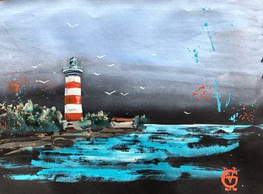 LIGHTHOUSE ON BLACK - original watercolor painting sea water ocean wave beach teal turquoise gift for him gift for yachtsman gift for mum thumb
