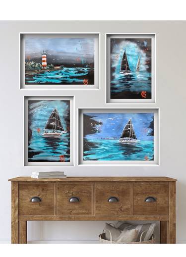 SAILS ON BLACK - set of 4 original watercolor paintings sea water wave wind sail sailing gift for him black interior wall art thumb