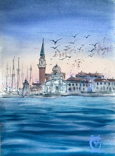 SUNRISE IN VENICE 2 - lavender series - original watercolor painting seascape sea water wave venice italy gondola thumb