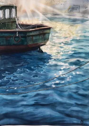 TRISTEZZA - original watercolor painting sea wave ocean breeze boat gift for him gift for yachtsman thumb