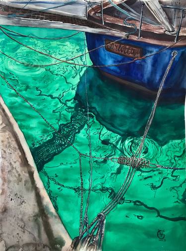 EMERALD CARLOTTA - original watercolor painting sailing gift for him gift for yachtsman yacht boat sail thumb