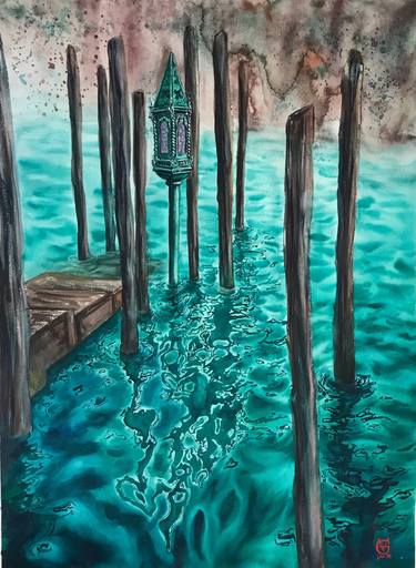 LANTERN IN VENICE - original watercolor painting turquoise teal water italy gondola thumb