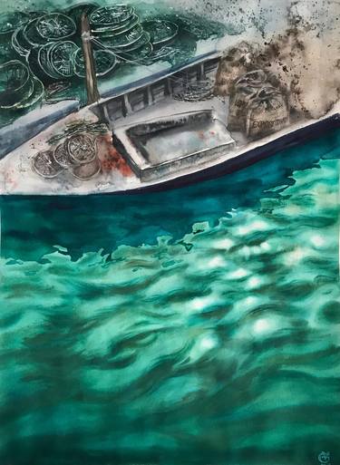 RIGGING - original watercolor painting boat sailing yacht green gift thumb