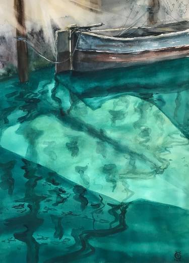 BROKEN HEART SHADOW - original watercolor painting sea water emerald green sailing boat wave beach thumb
