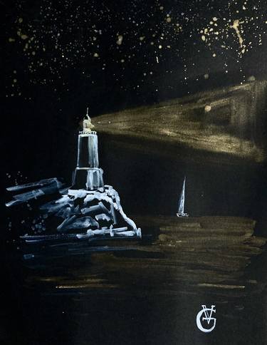 LIGHTHOUSE 1 ON BLACK - original watercolor painting gold night print thumb