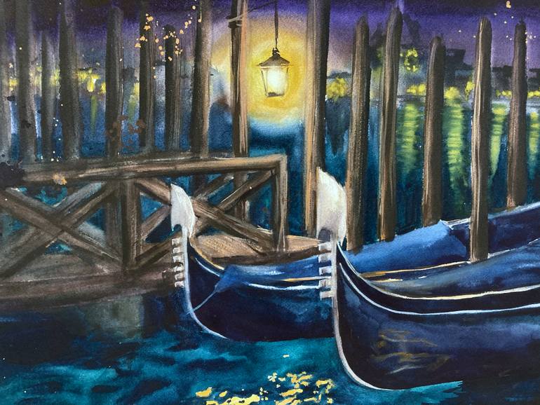 NIGHT IN VENICE - original watercolor painting sea water wave indigo ...