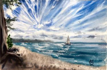 Print of Impressionism Seascape Paintings by Valeria Golovenkina