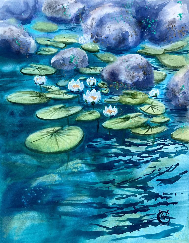 Pond Watercolor Original Painting, Blue Water Painting, Blue Wall