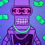 This is a portrait of Bender, the famous robot from futurama. We have here a money rain with some iconic brands like Chanel and Dom perignon. Fluorescent paint, reacts to uv light.