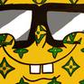 Portrait of sponge bob the famous cartoon hero with with acid green louis vuitton logos on his skin.
