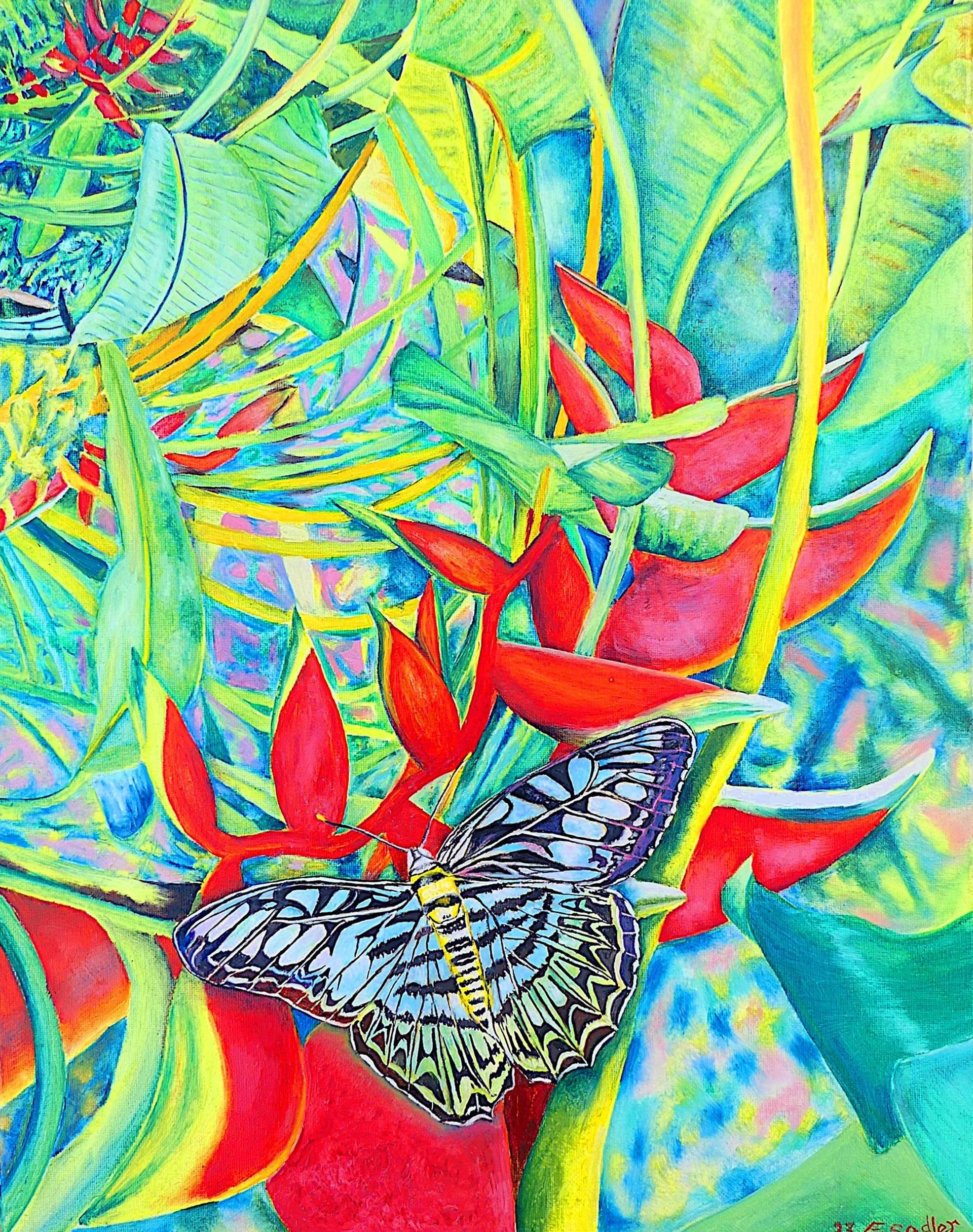 Tropical Butterfly & Lobster Claw Painting by Elizabeth Sadler
