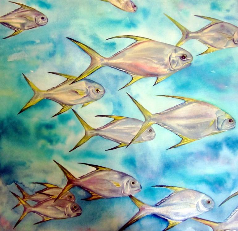 School of Black Cavalli Fish Painting by Elizabeth Sadler | Saatchi Art