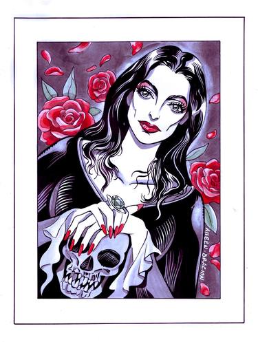 Gothic Vampire Woman Morticia Addams with Skull & Roses Horror thumb