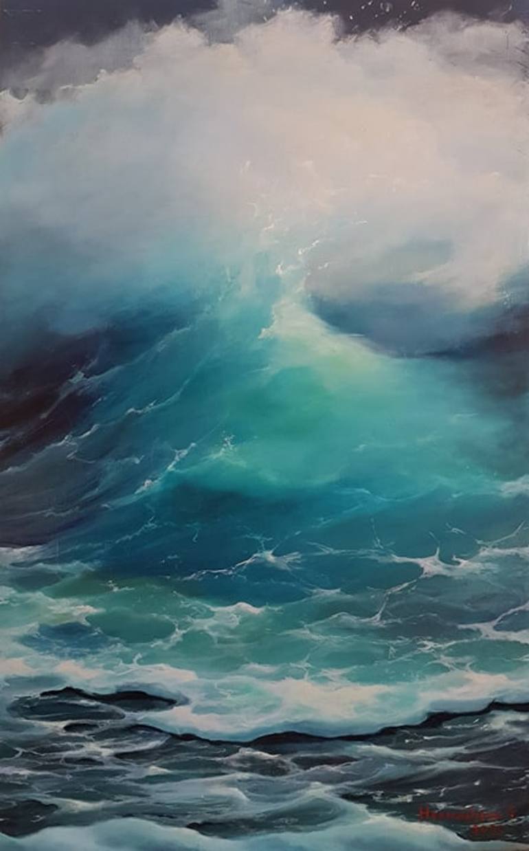 Original Seascape Painting by Valentyna Hermashova | Expressionism Art on Canvas | at night on the ocean
