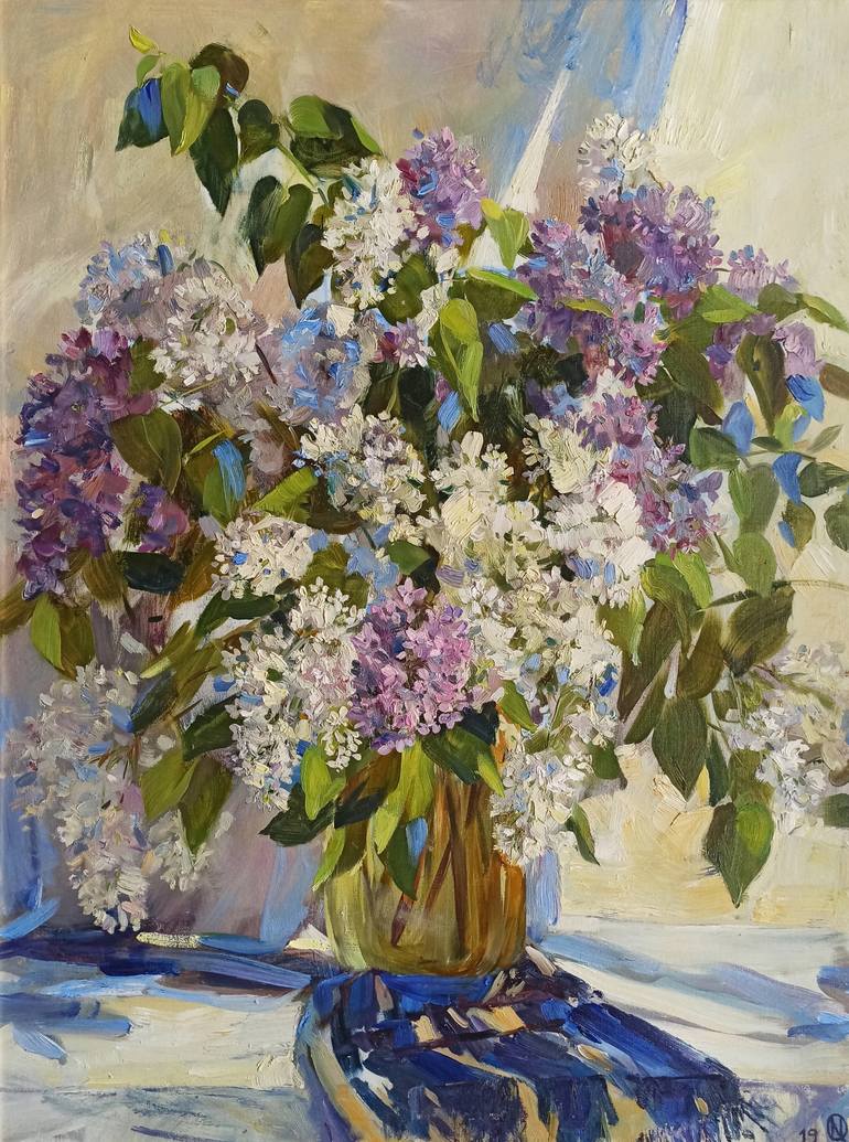 Lilacs with an adras Painting by Nazokat Kasimova | Saatchi Art