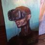 The Oculus head set was just being released. This was painted as an observation of technology merging with humanity. This image has a dichotomy of optimism with technology and the future but also the darkness of a technological overlord.