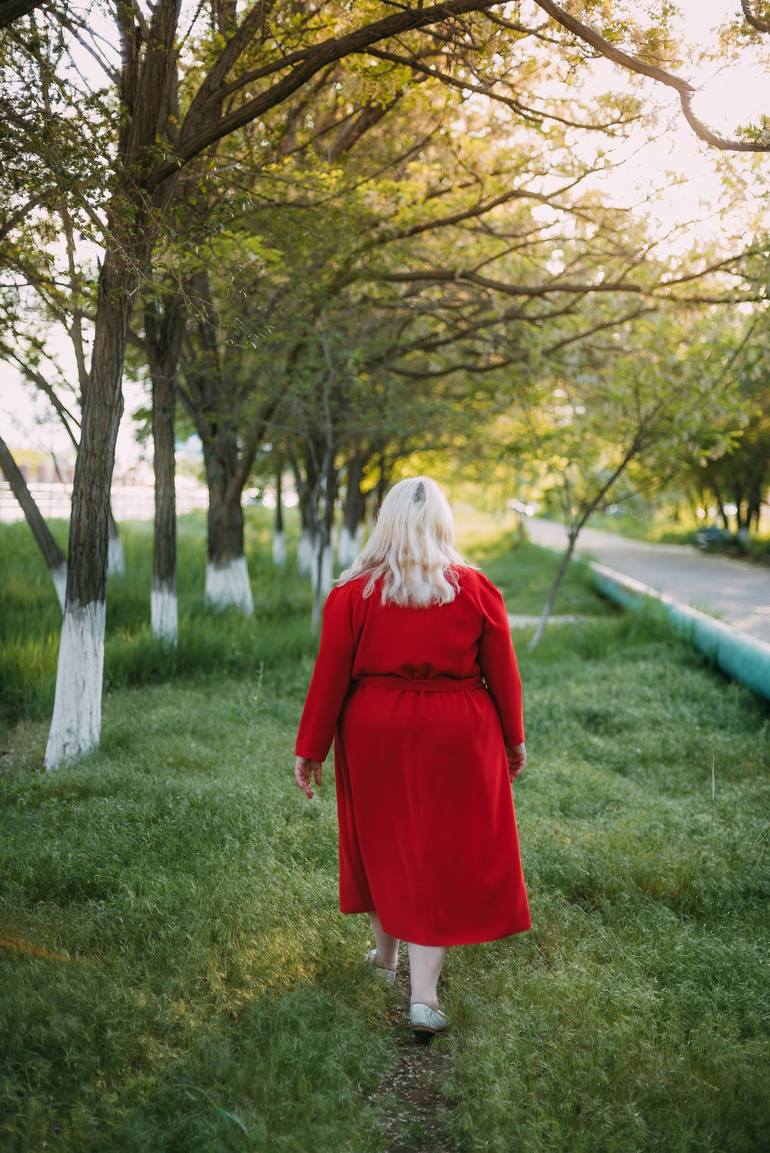 Full woman in red dress on walk in park - Limited Edition of 5 - Print