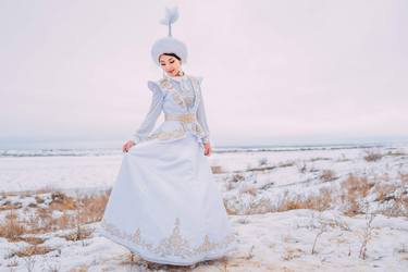 Dance of Kazakh bride in winter in steppes thumb