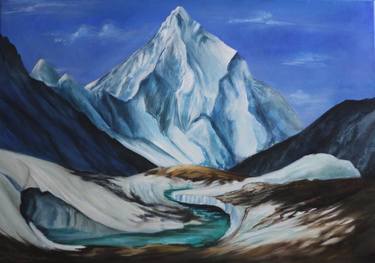 oil painting in canvas. at the foot of a mountain. thumb