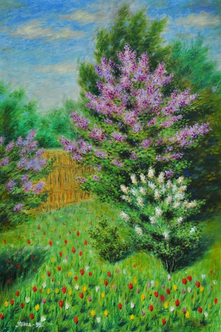 Lilacs and tulips in the garden Painting by Kimmer Creator | Saatchi Art