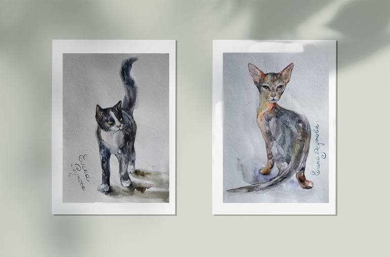 Original Fine Art Cats Painting by Elena Reutova