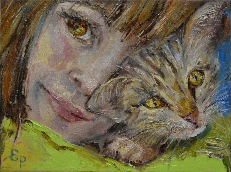 Original Fine Art Cats Painting by Elena Reutova