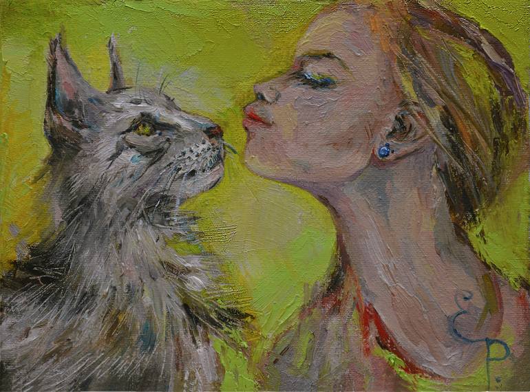 Original Fine Art Cats Painting by Elena Reutova