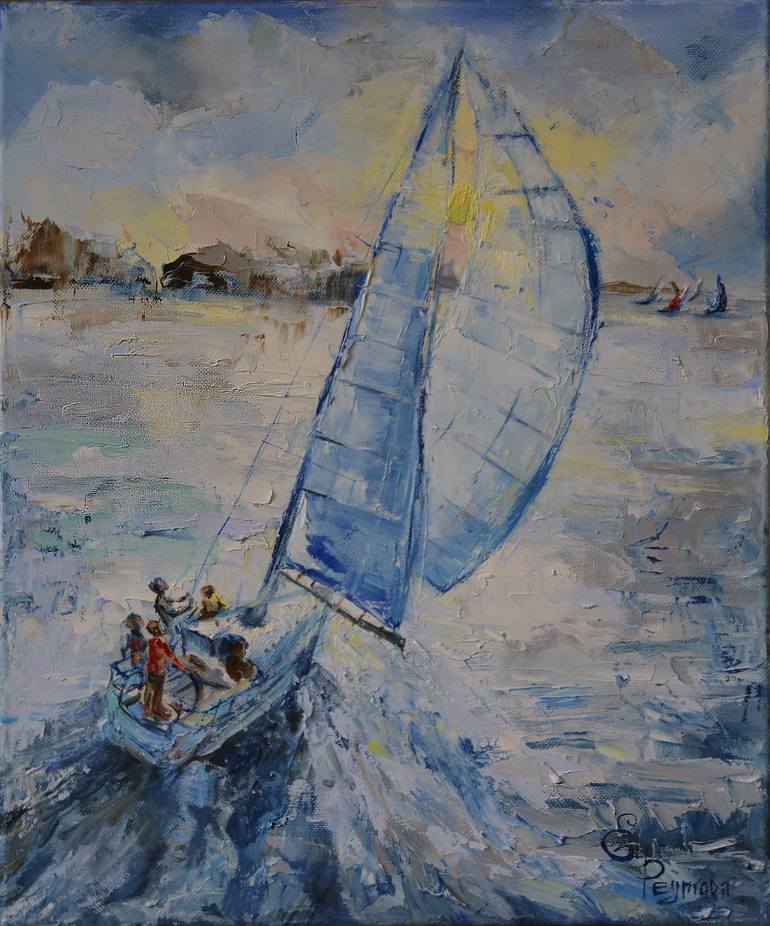 A beautiful sailboat in the open sea. A picture of happiness, freedom and a new life. Seascape with yachts and a sailboat. The sea expanse.