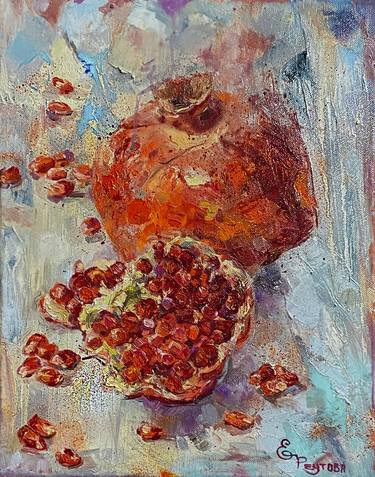 Juicy ripe beautiful pomegranate in an oil painting. Painting for the kitchen, for a gift. A symbol of wealth and prosperity. thumb