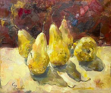 Beautiful still life with yellow pears on a rich brown background. thumb