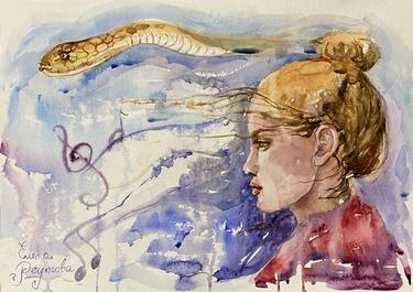 Saatchi Art Artist Elena Reutova; Paintings, “She. Her thoughts, her notes and music. Profile of a girl with a snake.” #art