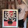 Original piece of art, "White Contemporary Floral," by artist Jackson Pschigoda. Acrylic on a 24x20" canvas board. Framed in a beautiful silver plain tire frame. Ready to hang on wall and enjoy!