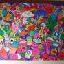 Colourful canvas of doodle art. Acrylic and ink markers on canvas, with the painting spilling over on to all sides of the canvas to give a feel of never ending doodles.