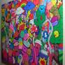 Colourful canvas of doodle art. Acrylic and ink markers on canvas, with the painting spilling over on to all sides of the canvas to give a feel of never ending doodles.