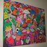 Colourful canvas of doodle art. Acrylic and ink markers on canvas, with the painting spilling over on to all sides of the canvas to give a feel of never ending doodles.