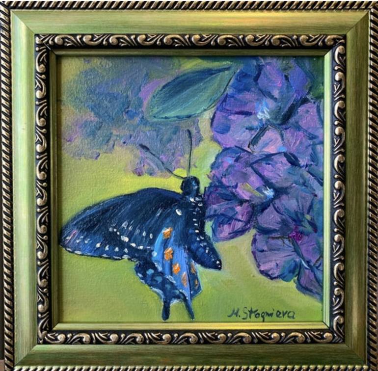 Framed Original oil painting, blue butterfly, hand made , art decor , nature  , for interior Painting by Marina Stognieva